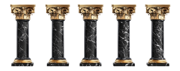 rendering 3d of five black and gold marble pillars with intricate royal carvings isolated on white background with clipping path