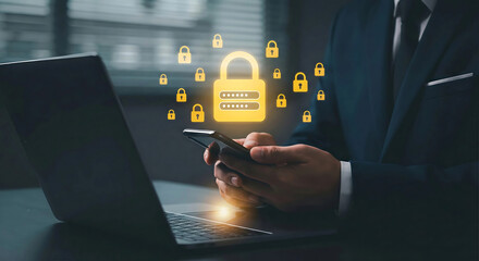 Cybersecurity and Data Protection Concept with Businessman Using Smartphone and Laptop with Padlock and Password Icons for Secure Online Banking
