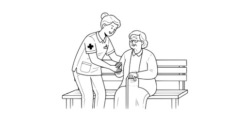 Medical Volunteer Elderly Care Vector - Black White Healthcare Community Service Support Dignity Compassion Helping Illustration on White Background