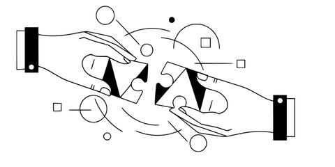 Puzzle Pieces Collaboration Vector - Black White Hands Problem Solving Community Solution Teamwork Connection Geometric Illustration on White Background