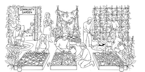 Community Garden Vector - Black White Urban Agriculture People Planting Growing Sustainability Botanical Volunteer Illustration on White Background