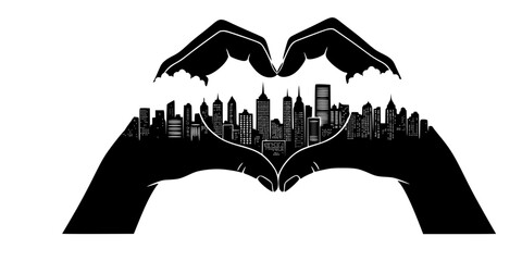 Heart Hands City Skyline Vector - Black White Urban Community Love Civic Pride Architecture Hand Gesture Line Art Illustration on White Background