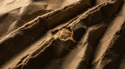 Macro texture of torn cardboard ridges and frayed fibers in deep sepia tones serving as organic abstract background