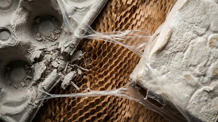 White mycelium block and gray molded pulp connected by stretching bioplastic strands against brown honeycomb cardboard demonstrating structural tension