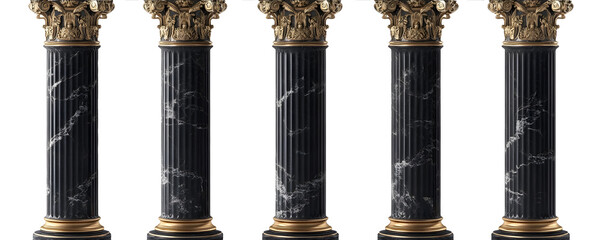 rendering 3d of five black and gold marble pillars with intricate royal carvings isolated on white background with clipping path