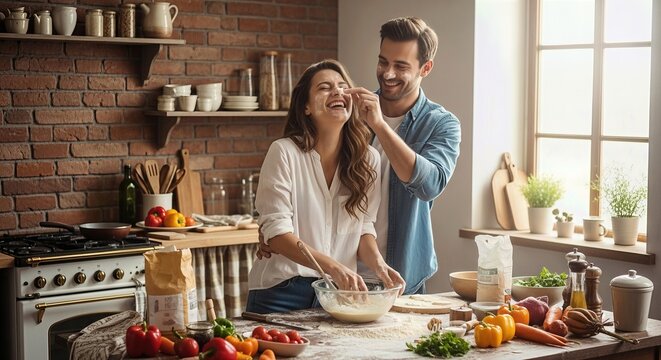 Joyful couple playfully preparing a homemade meal, sharing laughter and affection in their inviting, rustic kitchen. Wholesome ingredients and warmth fill the cozy culinary space.