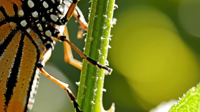 Close-up of spotted insect on thorny green plant stem outdoors in garden with blurred background