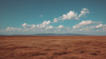 Fototapeta premium Expansive Tranquil Grassland Under Clear Blue Sky with White Clouds and Distant Mountains on the Horizon
