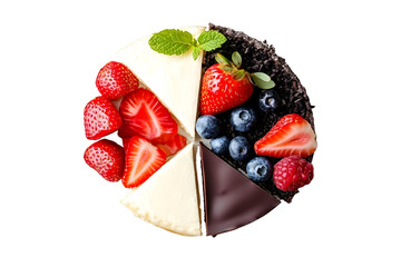 Topdown slice in a white plate view of cakes strawberry cheese chocolate blue berry coffee cakes isolated on white background top view