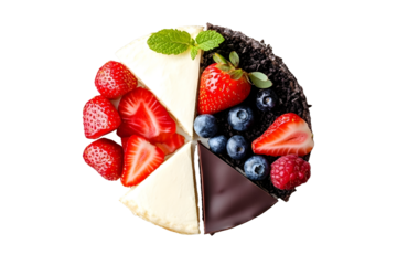 Topdown slice in a white plate view of cakes strawberry cheese chocolate blue berry coffee cakes isolated on white background top view