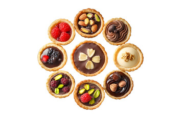 top view assorted tasty sweet tartlets with fresh berries chocolate nuts and pistachio on dessert white plate and isolated on white background