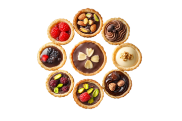 top view assorted tasty sweet tartlets with fresh berries chocolate nuts and pistachio on dessert white plate and isolated on white background
