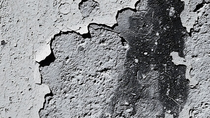 Close-up of weathered, peeling paint on an old wall in black and white.