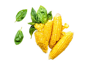 top view of corn vegetables boiled for salad isolated on white background concept vegan food
