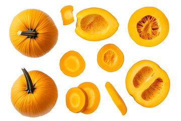 Set of fresh whole and sliced pumpkin isolated on white background Top view