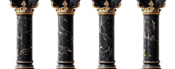 rendering 3d of five black and gold marble pillars with intricate royal carvings isolated on white background with clipping path