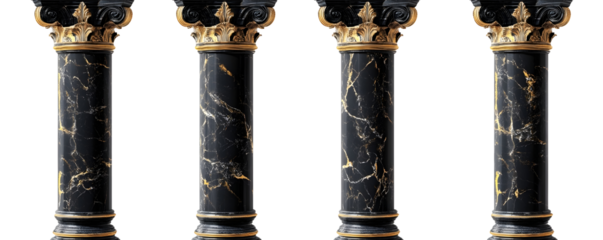 rendering 3d of five black and gold marble pillars with intricate royal carvings isolated on white background with clipping path