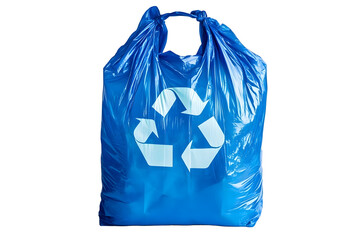 A blue plastic grocery bag with the iconic recycling symbol on it isolated against a white background product photography