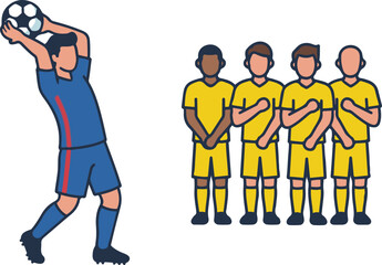 Soccer throw-in concept featuring a player throwing the ball into play while opposing defenders stand in a line, vector illustration.