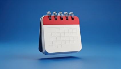 Clean 3D rendering of a blank desk calendar with red top and white pages on a blue background