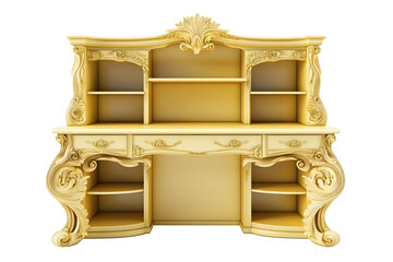modern light yellow and cream wooden study desk bookshelf with elegant carving isolated on white background with clipping path