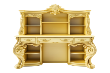 modern light yellow and cream wooden study desk bookshelf with elegant carving isolated on white background with clipping path