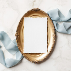 Luxury wedding stationery mockup featuring a decle edge card on a vintage gold tray,