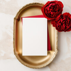 Romantic wedding invitation mockup with a blank card and red envelope on a gold tray, surrounded by vibrant red roses and marble backdrop