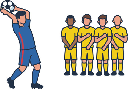 Soccer throw-in concept featuring a player throwing the ball into play while opposing defenders stand in a line, vector illustration.