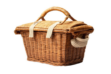 Picnic basket with top cover and handle hand made from wicker isolated on white background This has clipping path