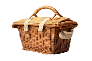 Picnic basket with top cover and handle hand made from wicker isolated on white background This has clipping path