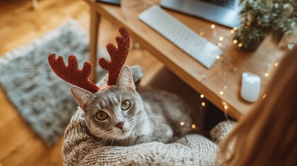 Relaxed holiday atmosphere in home office with fluffy cat in deer horns napping on owner's knees.