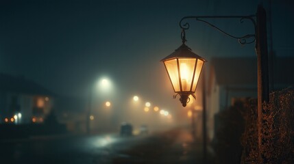 A bright lantern on a foggy street, glowing warmly in the quiet night.
