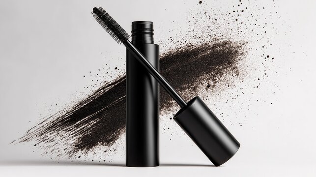 Black mascara tube with brush and scattered powder on white background, minimal cosmetic product mockup.