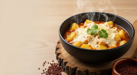 Traditional Ecuadorian Locro de Papa Soup with Melted Cheese and Large Copy Space on Rustic Wood