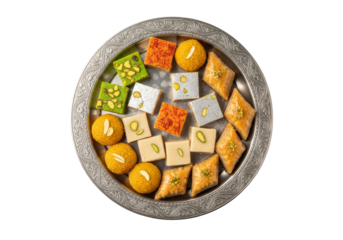 colorful indian mithai platter with assorted sweets on round steel plate
