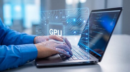 Programmer working on laptop with GPU technology hologram displaying futuristic digital circuit graphics
