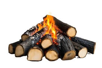 Campfire isolated on white background Closeup of a pile of firewood burning with orange and yellow flames