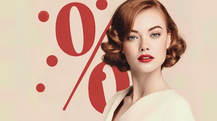 Elegant woman with retro hairstyle and red lipstick near large percentage sign, beauty and discount concept.