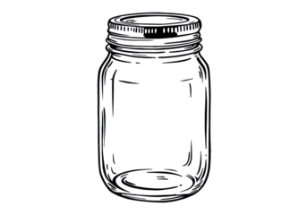 An empty glass mason jar, classic silhouette with threading details, isolated on a transparent background with abundant negative space, concept of DIY crafting