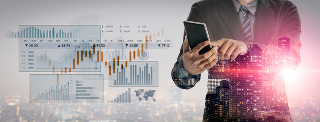 An insightful scene capturing a businessman using a smartphone surrounded by financial graphs and data visualizations, showcasing modern finance and urban development. Scalp