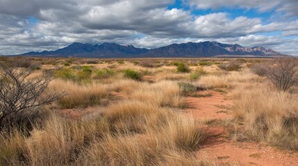 Expansive Desert Landscape with Mountains Under Dramatic Cloudy Sky Showcasing Natural Beauty and Serenity in Arid Environment