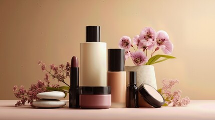 Minimal cosmetic products without labels arranged with flowers and stones on a soft neutral background.