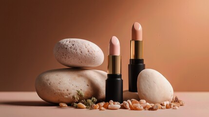 Two nude lipstick products arranged with smooth stones on a warm minimal background.