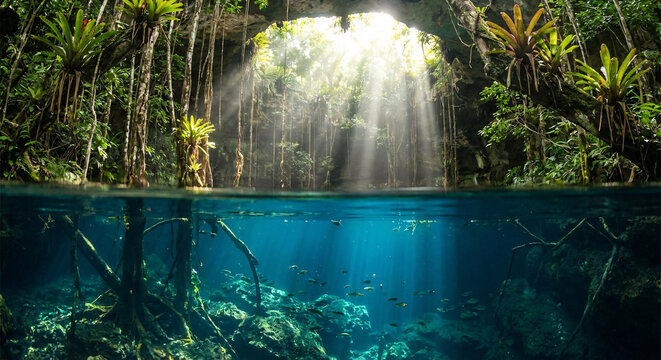 Meksykańska jaskinia Cenote z promieniami słońca wpadającymi do wody