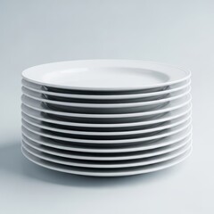 Obraz premium A neat stack of pristine white porcelain dinner plates sitting on a light background, ready for a formal dining arrangement or simple meal service, crockery, tableware, neat