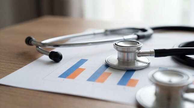 Stethoscope resting on medical documents with colorful health data charts and graphs for analysis - Powered by Adobe