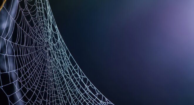 A macro shot of delicate, sticky spider silk forming a complex, intricate net structure against a dark, moody backdrop, scary, trap, structure