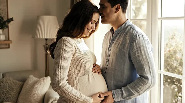 Expecting Couple Sharing an Intimate Moment with Baby Bump in Cozy Home