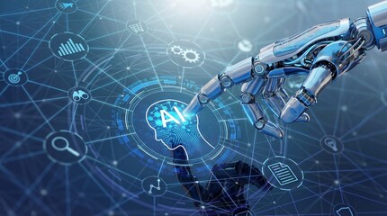 Robotic hand touching virtual AI brain interface for futuristic technology connection concept